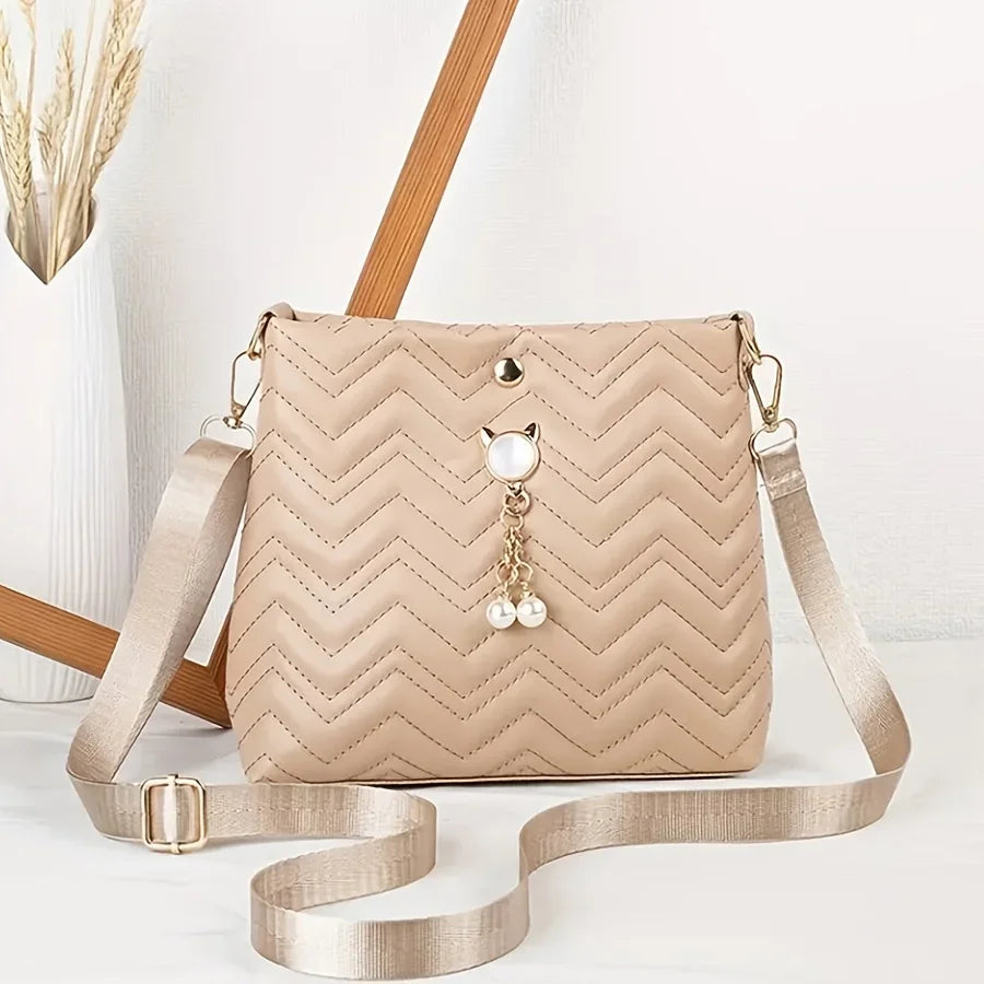 Women's Quilted Crossbody Bag with Cat Pearl Pendant - Elegant Shoulder Purse for Holiday gifts, 2025 Stylish Novelty Handbag