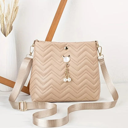 Women's Quilted Crossbody Bag with Cat Pearl Pendant - Elegant Shoulder Purse for Holiday gifts, 2025 Stylish Novelty Handbag