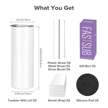 Sublimation Tumblers Blanks 20 oz 25 Pack Skinny Straight Tumblers Bulk Stainless Steel Insulated Sublimation Cups with Lid and