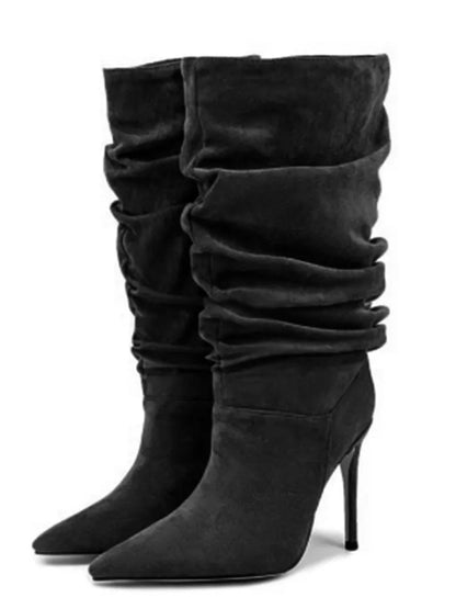 2025Women's Autumn and Winter New Pleated High-heeled Short Boots with Pointed Sleeves, Women's 35-47 Large Mid Length Boots