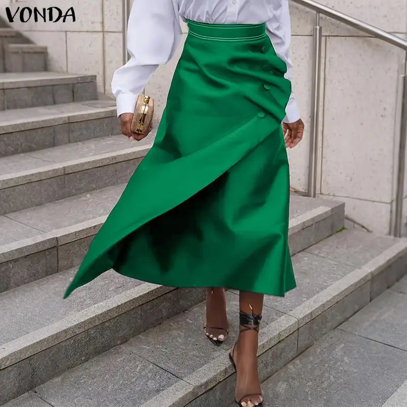 VONDA Plus Size 5XL Elegant Women Satin Skirts High Waist Button Pleated Asymmetrical Maxi Jupes Fashion Solid Long Faldas Saia