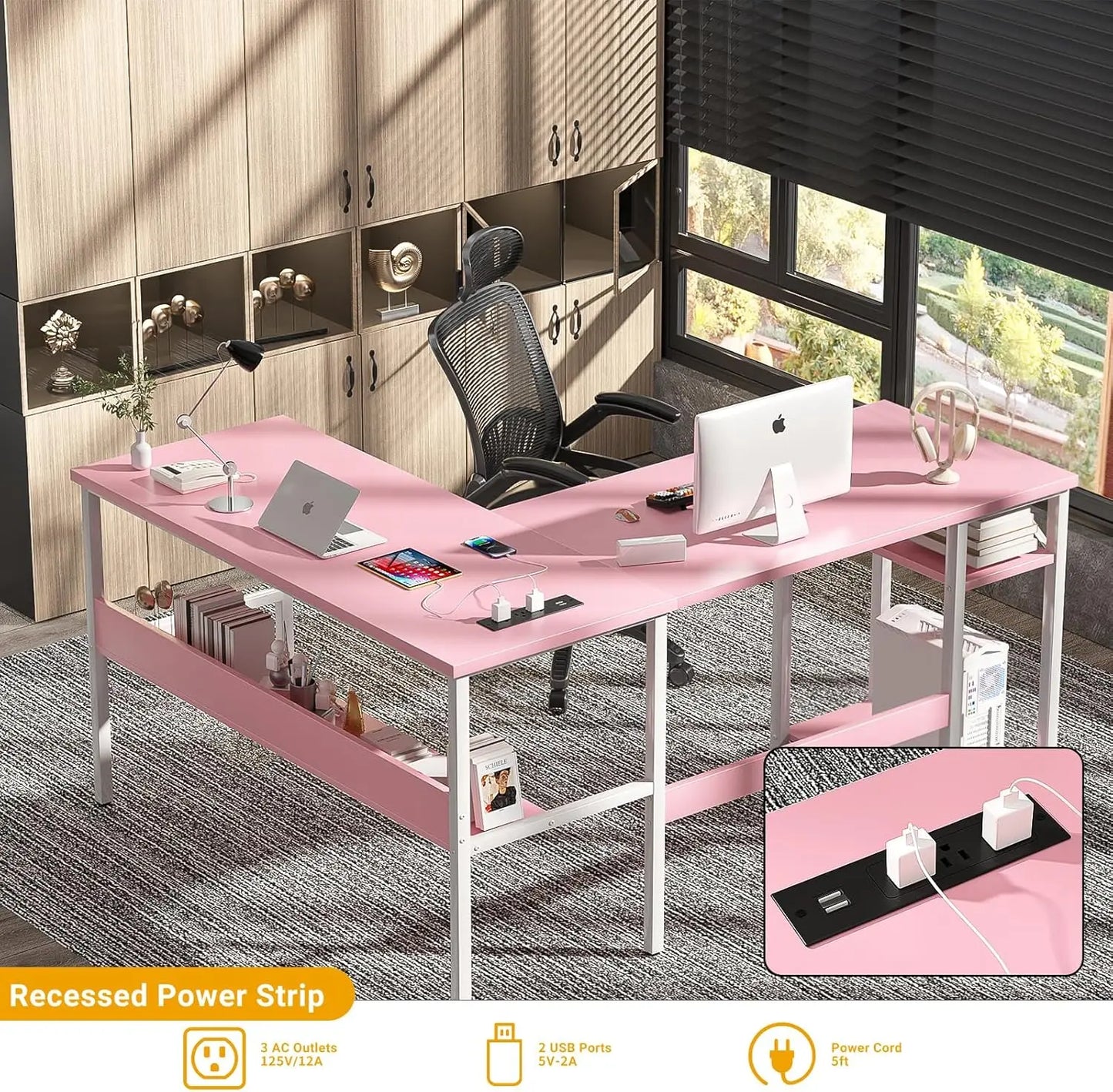 Reversible L-Shaped Desk with Power Outlets & USB Ports, Sturdy Corner Computer Desk with Storage Shelves, Easy Assembly Pink