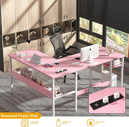 Reversible L-Shaped Desk with Power Outlets & USB Ports, Sturdy Corner Computer Desk with Storage Shelves, Easy Assembly Pink