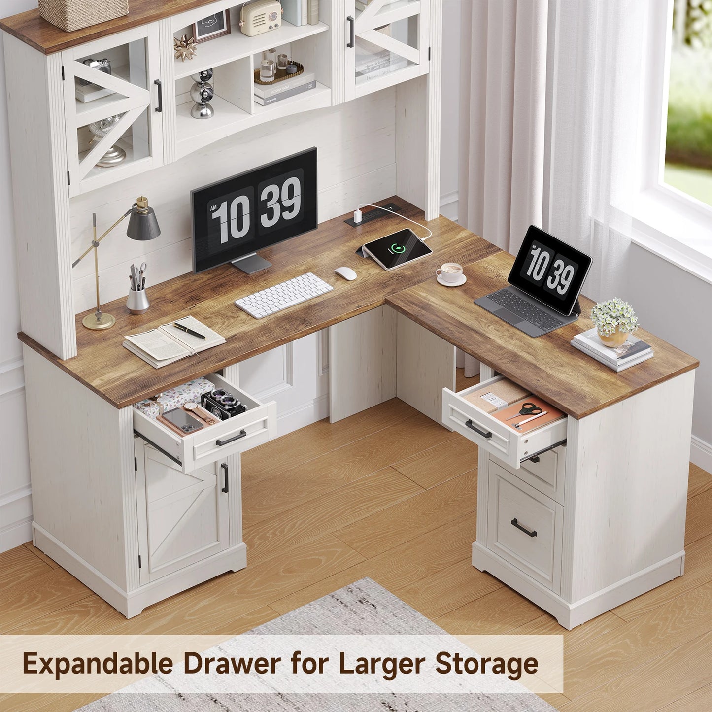 72" L-Shaped Executive Desk with Hutch, Farmhouse Home Office Desk, Wood L Shaped Computer Desks, Withe Computer Workstations