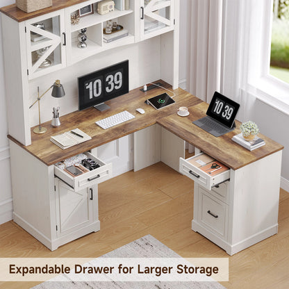 72" L-Shaped Executive Desk with Hutch, Farmhouse Home Office Desk, Wood L Shaped Computer Desks, Withe Computer Workstations