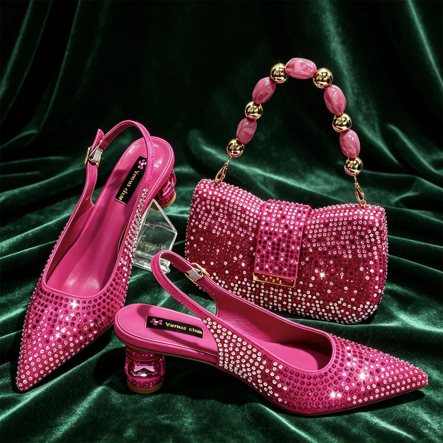 Hot Fuchsia Full Rhinestone Slingback Heels Matching Clutch Bag Set Women Luxury Crystal Pointed Shoes for Wedding Evening Party