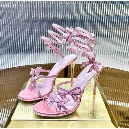Luxury Rhinestones Mesh Bowknot Snake Coiled Women Gladiator Sandals Sexy Narrow band Thin High heels Summer Wedding Party Shoes