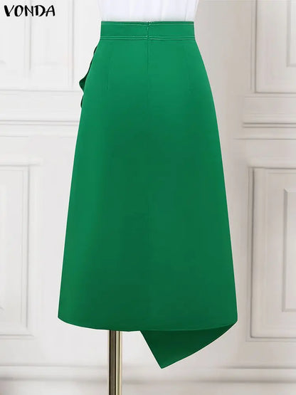 VONDA Plus Size 5XL Elegant Women Satin Skirts High Waist Button Pleated Asymmetrical Maxi Jupes Fashion Solid Long Faldas Saia