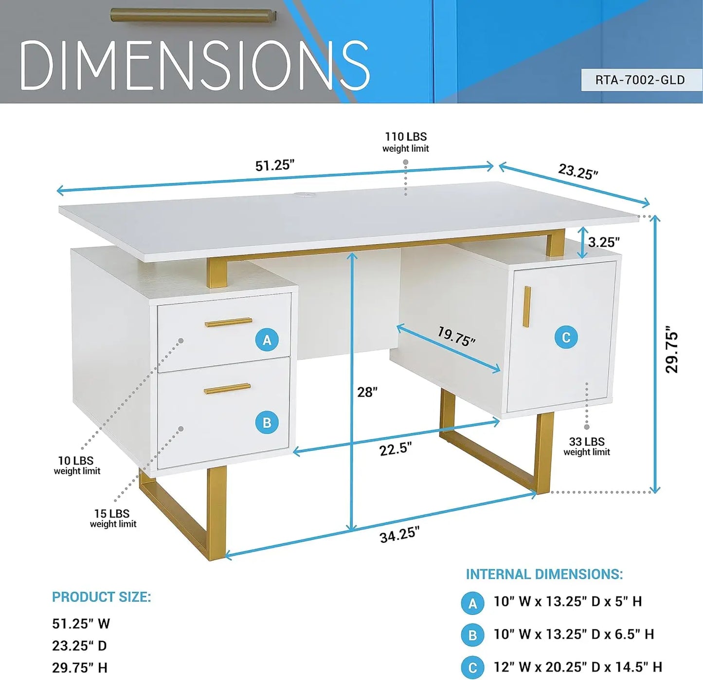 Modern Office Desk with Storage Drawers and Cabinet, Large Floating Desktop, White/Gold Finish