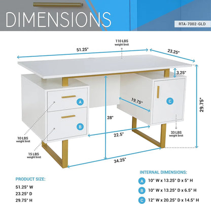 Modern Office Desk with Storage Drawers and Cabinet, Large Floating Desktop, White/Gold Finish