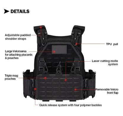 YAKEDA Tactical Plate Carrier Vest,Military Molle Assault Vest with Quick Release Buckles,Adjustable Padded Straps,1000D Nylon