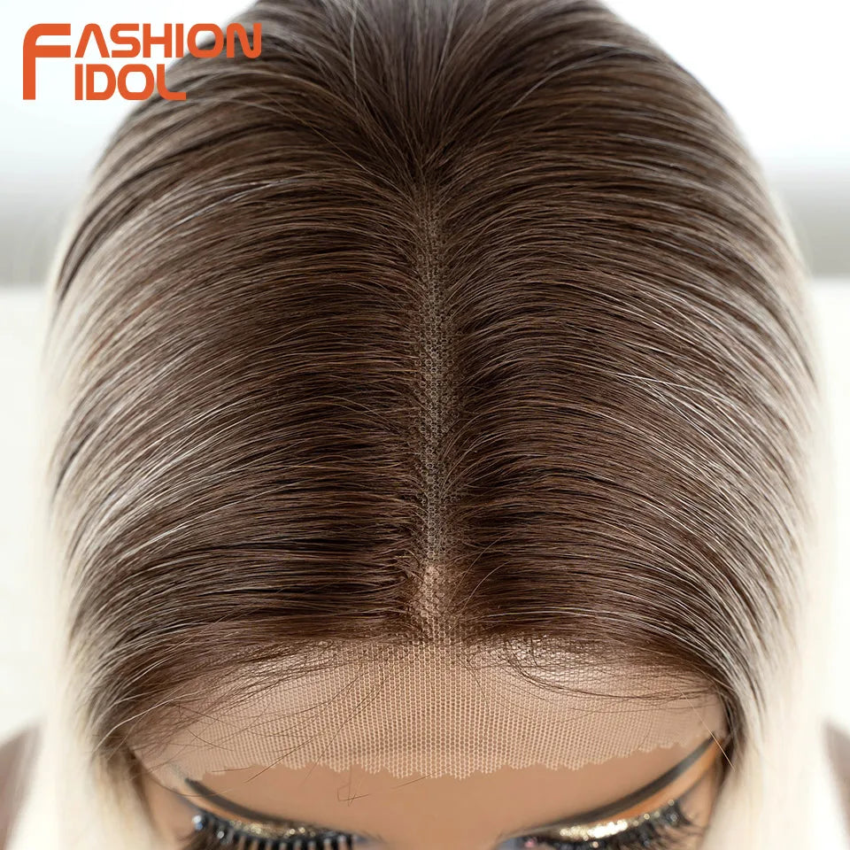 FASHION IDOL 14inch/35cm Short Bob Lace Wigs Synthetic Hair Ombre Brown Grey Wigs For Black Women Heat Resistant Synthetic Wig