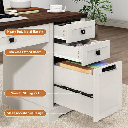 58'' Farmhouse Home Office Desk with Drawers, Wooden Executive Desk with Charging Station, File Drawers and Storage