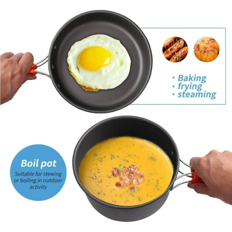 Camping Cooking Set, Outdoor Kitchenware Set, Aluminum Portable Tableware Kitchenware POTS Bowls Kettles Hiking Picnic Equipment