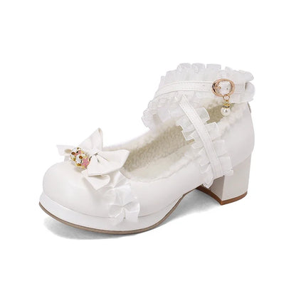 Cross Strap Women High Heels Mary Jane Pumps Party Wedding Cosplay White Pink Black Strawberry Bow Princess Cosplay Lolita Shoes