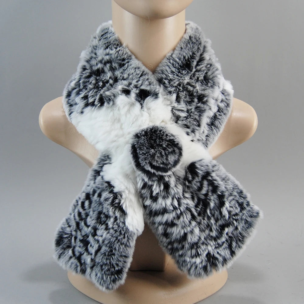 Hot Russian Women Knit Real Rex Rabbit Fur Scarf Lady Fashion Floral Rex Rabbit Fur Mufflers Hot Winter Warm Natural Fur Scarves