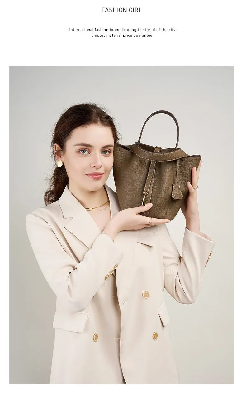 Genuine Leather Shoulder Bucket Bag Women Litchi Pattern Mini Basket Tote Soft Handbag Mommy Bride Wedding Bags with Lock