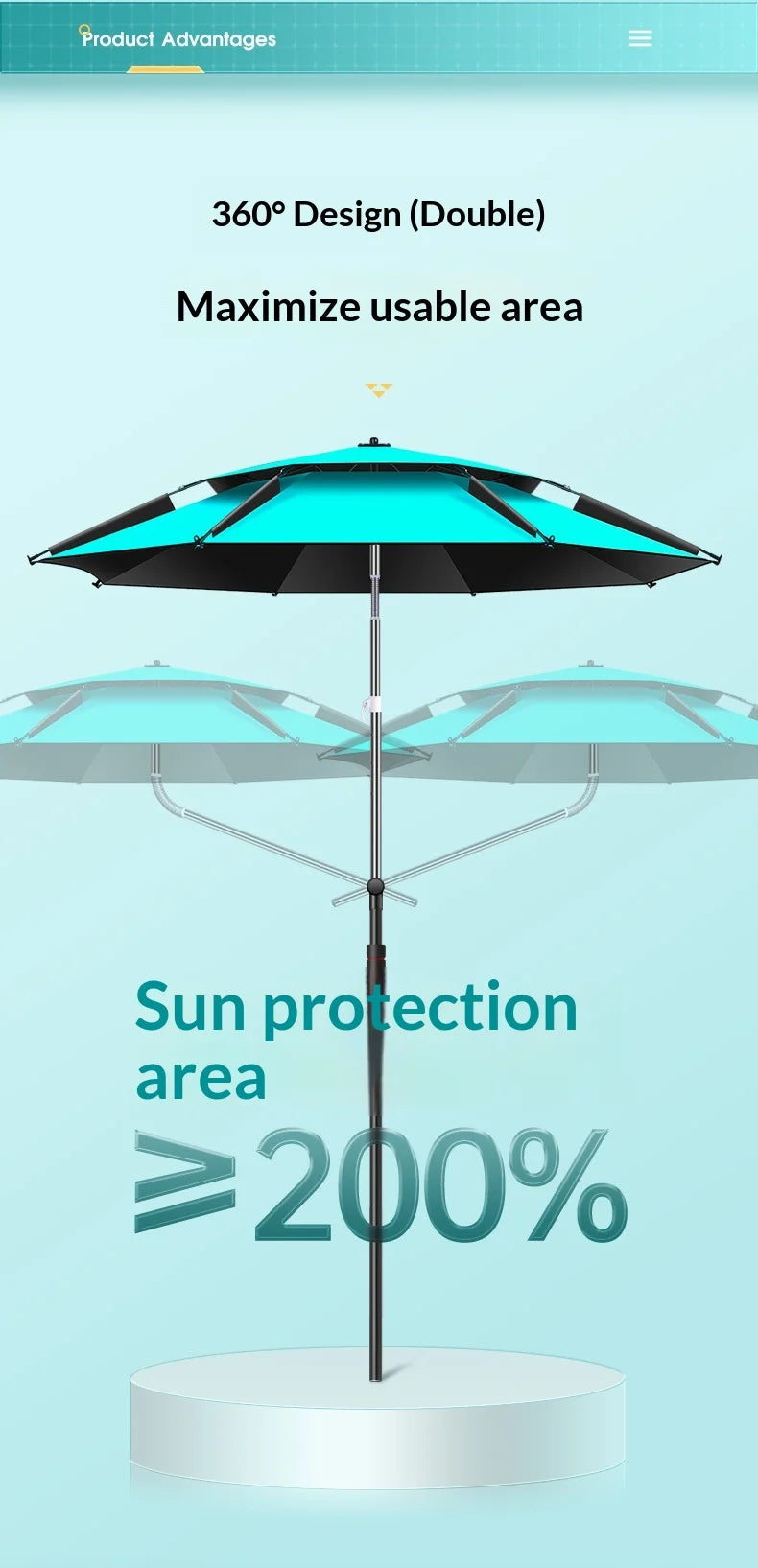 Outdoor Fishing Umbrella Heavy Duty Double Layer UV Protection Waterproof Upgraded Black Coating Patio Beach Base Included
