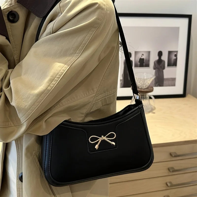 Chic Black Crescent Shoulder Bag for Women Elegant Underarm Purse with GoldenTone Bow Detail Polyester Lined Stylish PU Tote Bag