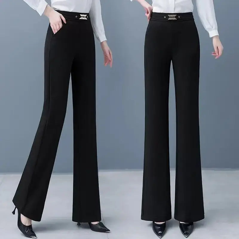 Women's Red High Waist Flare Pants With Metal le Detail Casual Long Trousers
