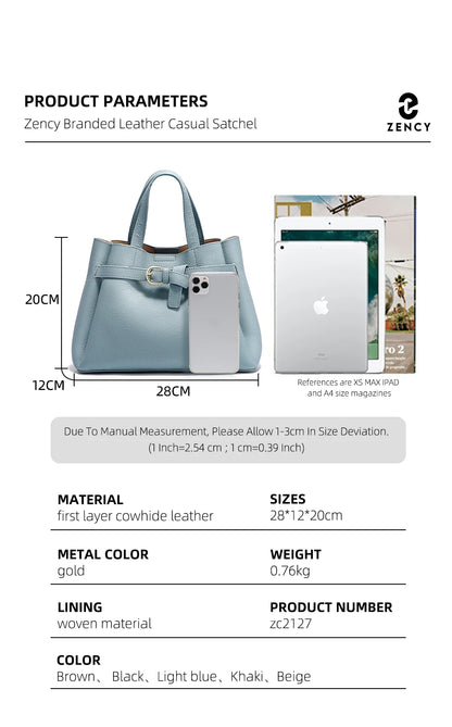 Zency Fashion Genuine Leather Top-handle Bag For Women Luxury Designer Crossbody Bag Zipper Purse Elegant OL Work Bag Tote Sac