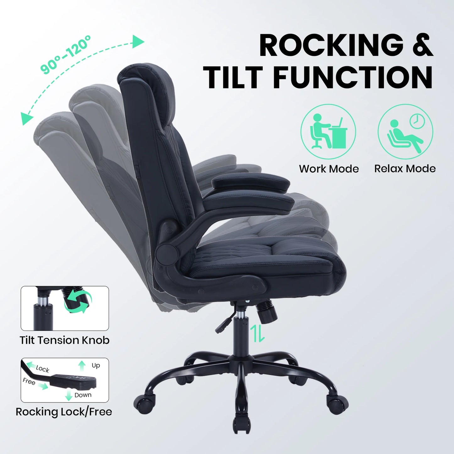 Heavy-Duty Leather Executive Office Chair Ergonomic Desk Chair with Lumbar Support, Flip-Up Arms, Tilt Lock & Swivel Wheels