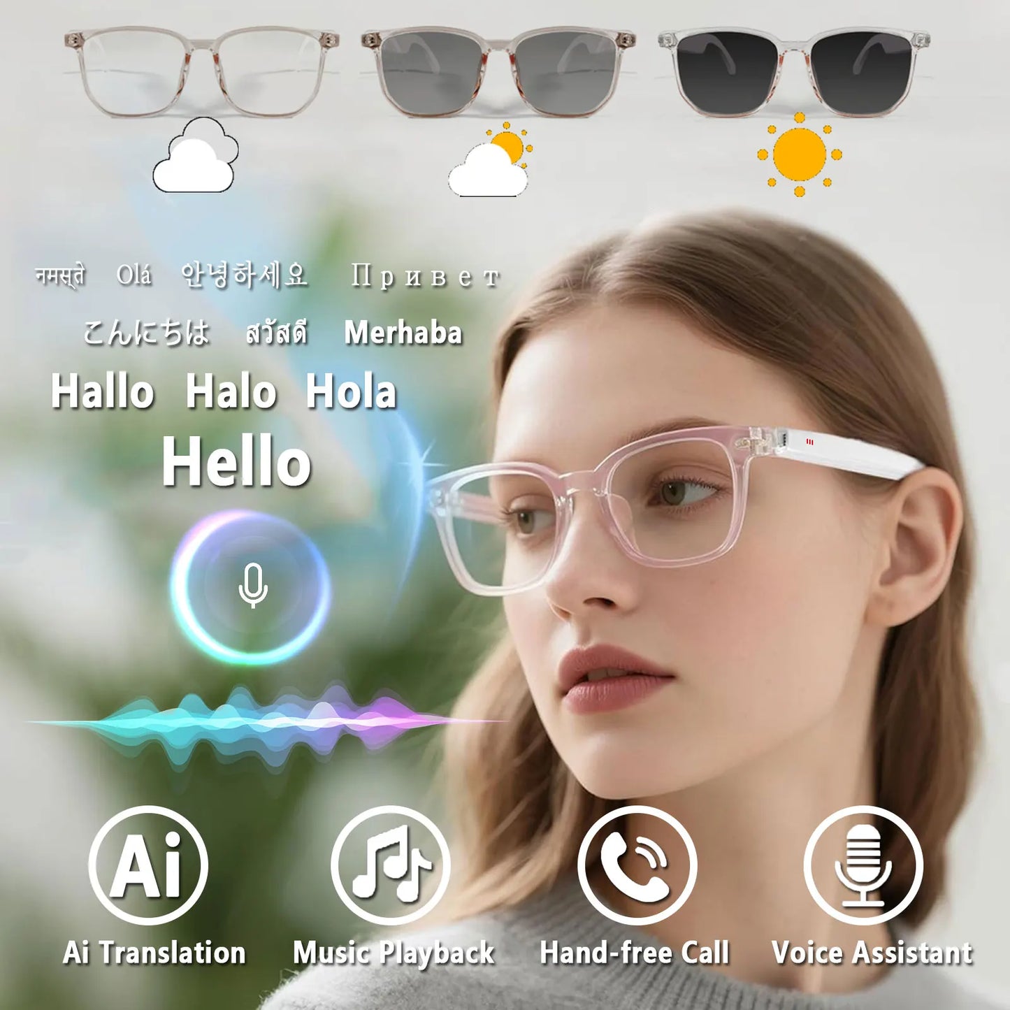 Smart Audio Glasses with Real-Time Translation Hi-Fi Music Playback Noise-Cancelling Voice Calls And Photochromic Lenses