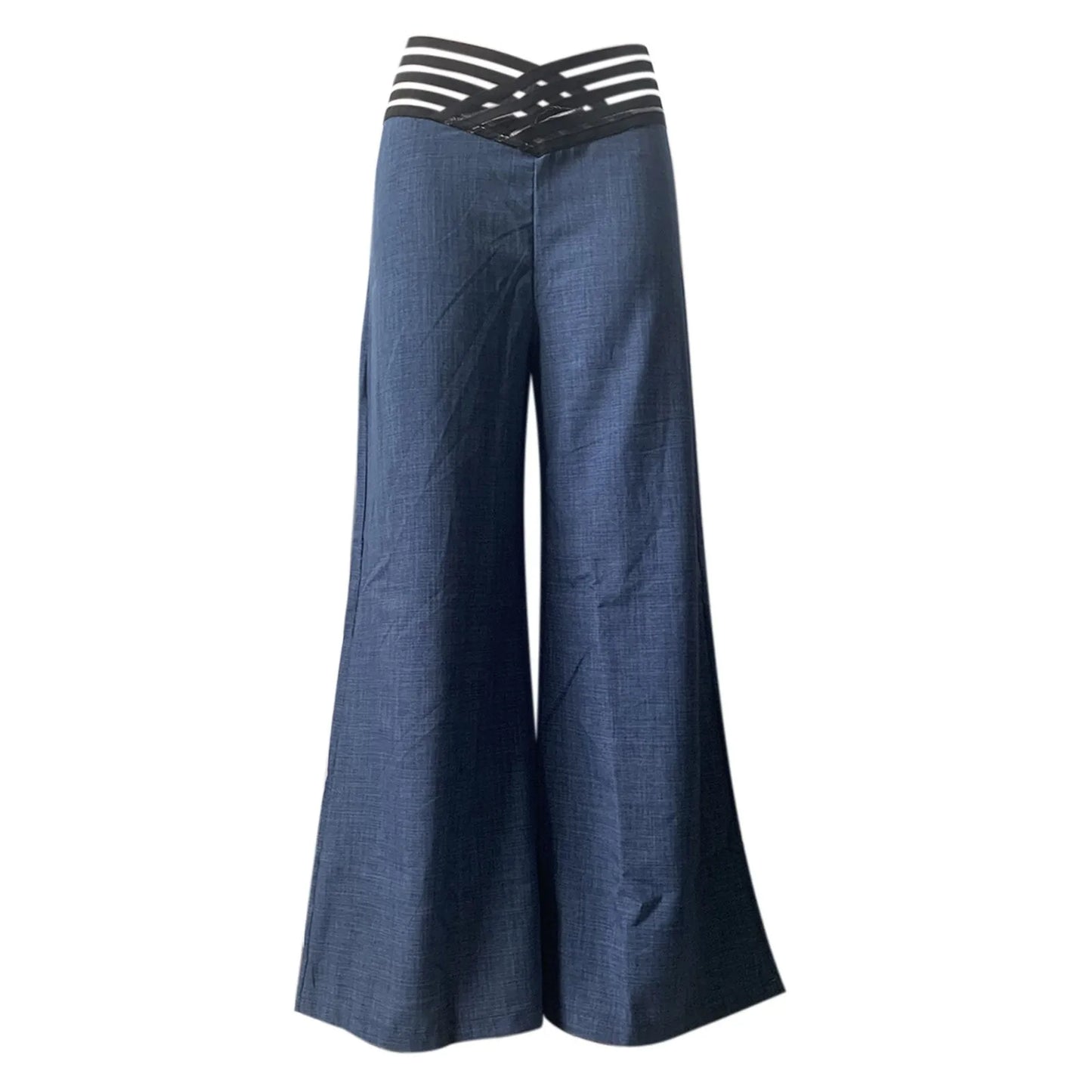 Women Wide Leg Flared Pants New Y2k Casual Crisscross Sheer Mesh Patch High Waist Trousers Elegant Streetwear Work Pants