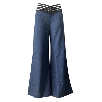 Women Wide Leg Flared Pants New Y2k Casual Crisscross Sheer Mesh Patch High Waist Trousers Elegant Streetwear Work Pants