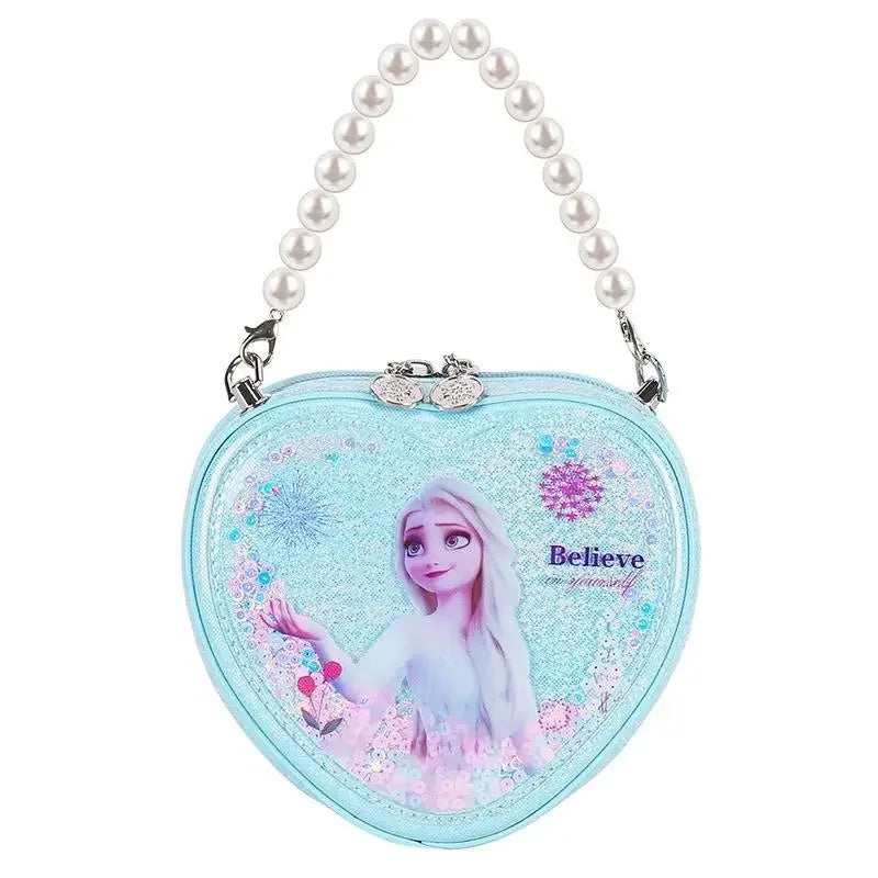 Disney Elsa Shoulder Bag Shiny Quicksand Pearl Handbag Heart-shaped Crossbody Bag For Girls Gifts