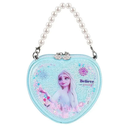 Disney Elsa Shoulder Bag Shiny Quicksand Pearl Handbag Heart-shaped Crossbody Bag For Girls Gifts