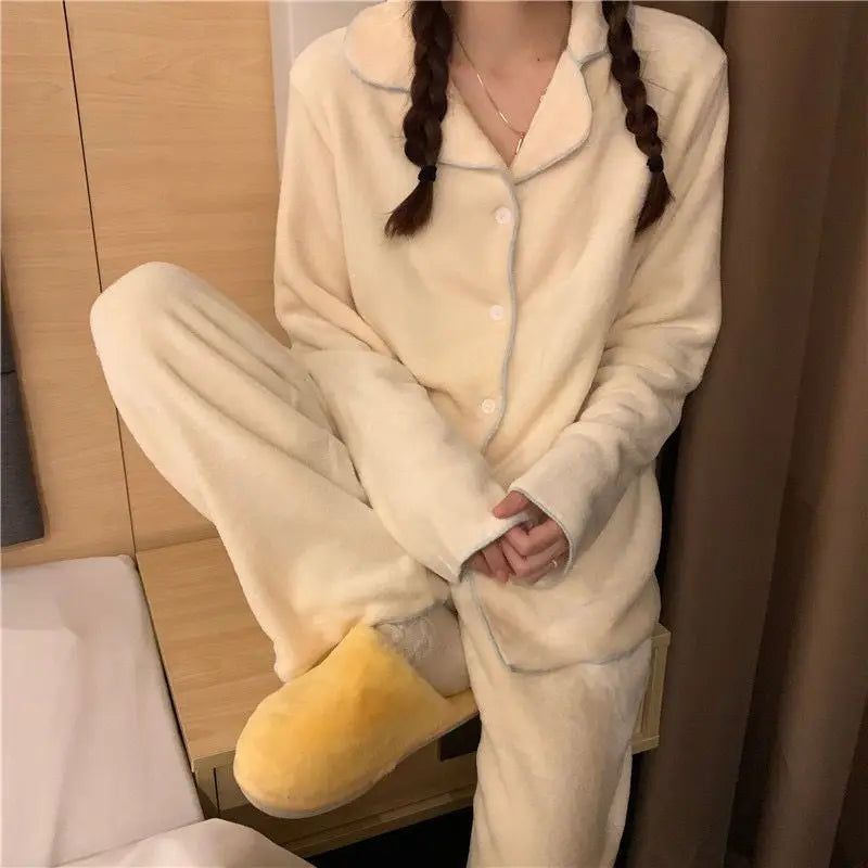 Flannel Women's Pajamas Sets Casual Autumn Winter Sleepwear Velvet Pyjama Ladies Cardigan Simple Bedroom Soft Warm Home Clothes