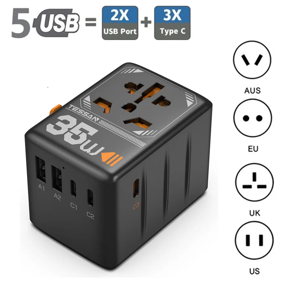 TESSAN 35W/65W/100W GaN Universal Travel Adapter with USB Ports Type C Fast Charging Power Adapter EU/UK/USA/AUS Plug for Travel