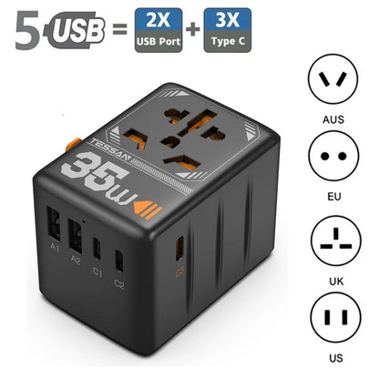 TESSAN 35W/65W/100W GaN Universal Travel Adapter with USB Ports Type C Fast Charging Power Adapter EU/UK/USA/AUS Plug for Travel
