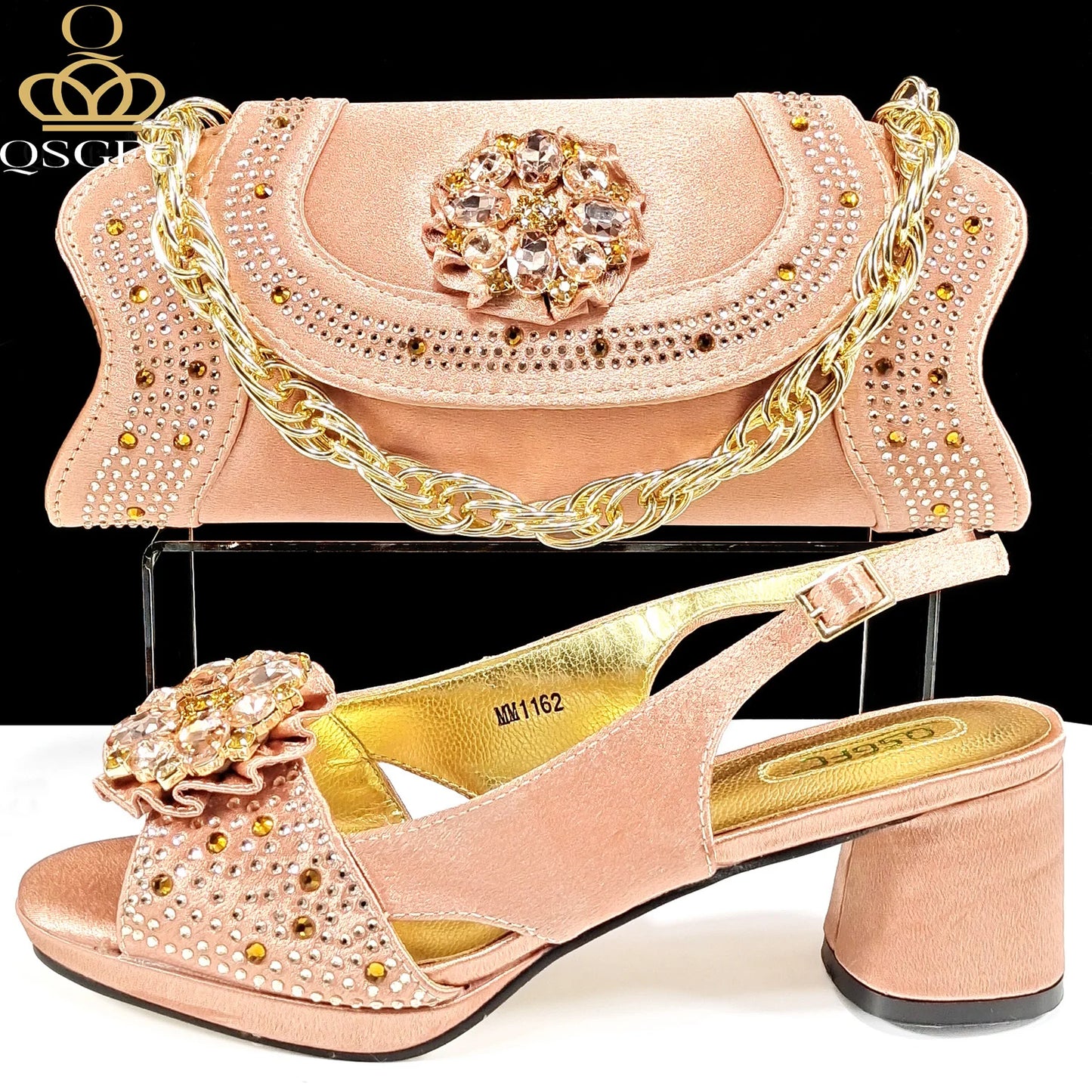 QSGFC Open Toe Women Heels for 2024 Elegant Party Olive Color Diamond Pumps Italian Shoes and Bags Matching Set
