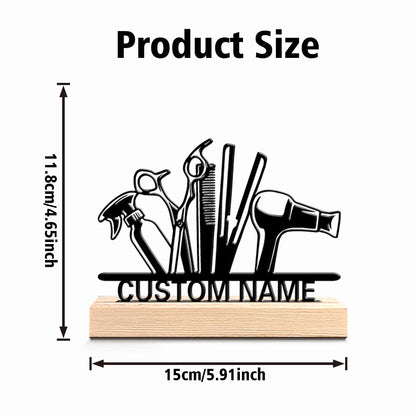 1pc Beauty Personalized Custom Hairstylist Metal Statues Metal Art With Wooden Base  Suitable For Hairdressers Offices Desktop