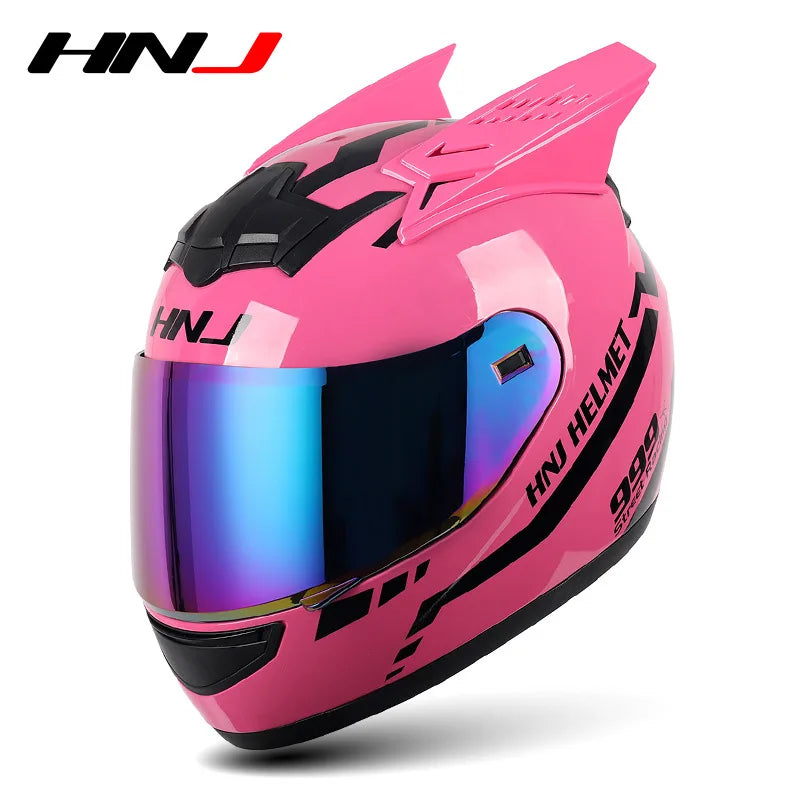 HNJ Men Motorcycle Helmet Women Full Face Helmet Riding Personality Horn Pink Helmet DOT Certification casco moto