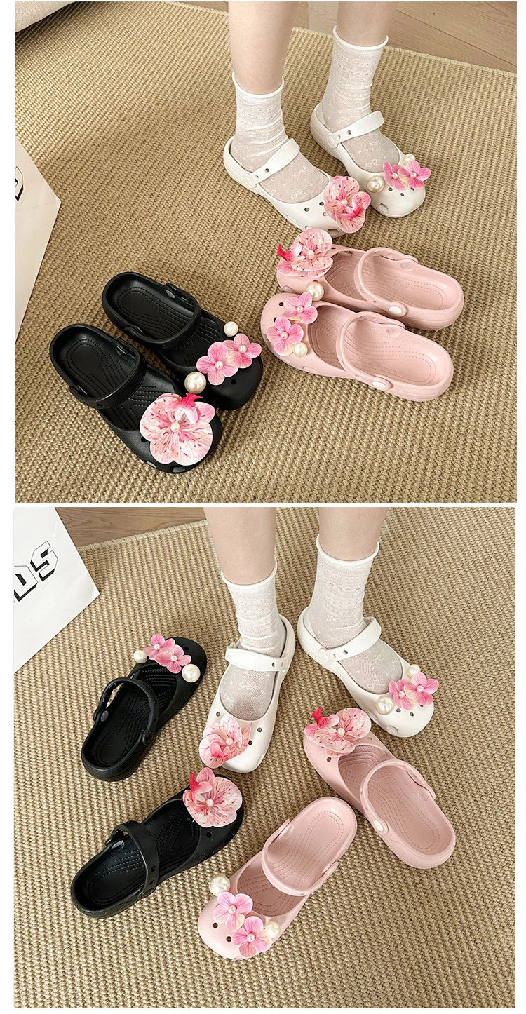 Clogs Summer Slippers Women Luxury Pearl Metal Flower Mary Janes Designer Ballet Shoes Girls Corc Charms Sandals Indoor Outdoor