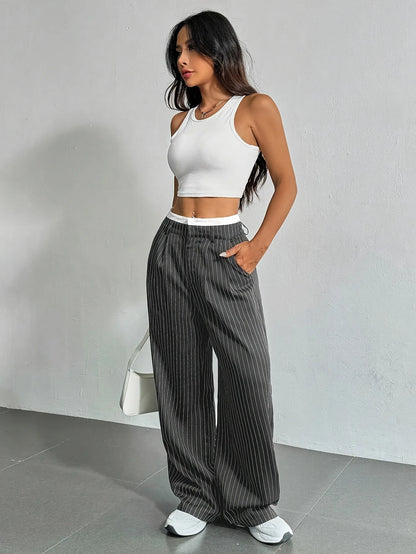 Fashion Pants Women's Stripe Straight Pants 2024 Autumn Winter High Waisted Casual Suit Pants Office Lady Women Trousers Bottoms