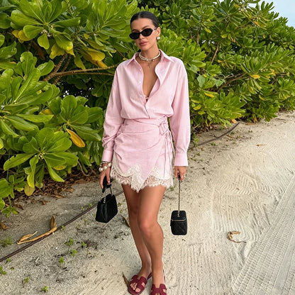 Striped Mini Dress Women Lapel Single Breasted Long Sleeves Lace Patchwork Waistband Robe Female 2026 Summer Beach Vacation Sets