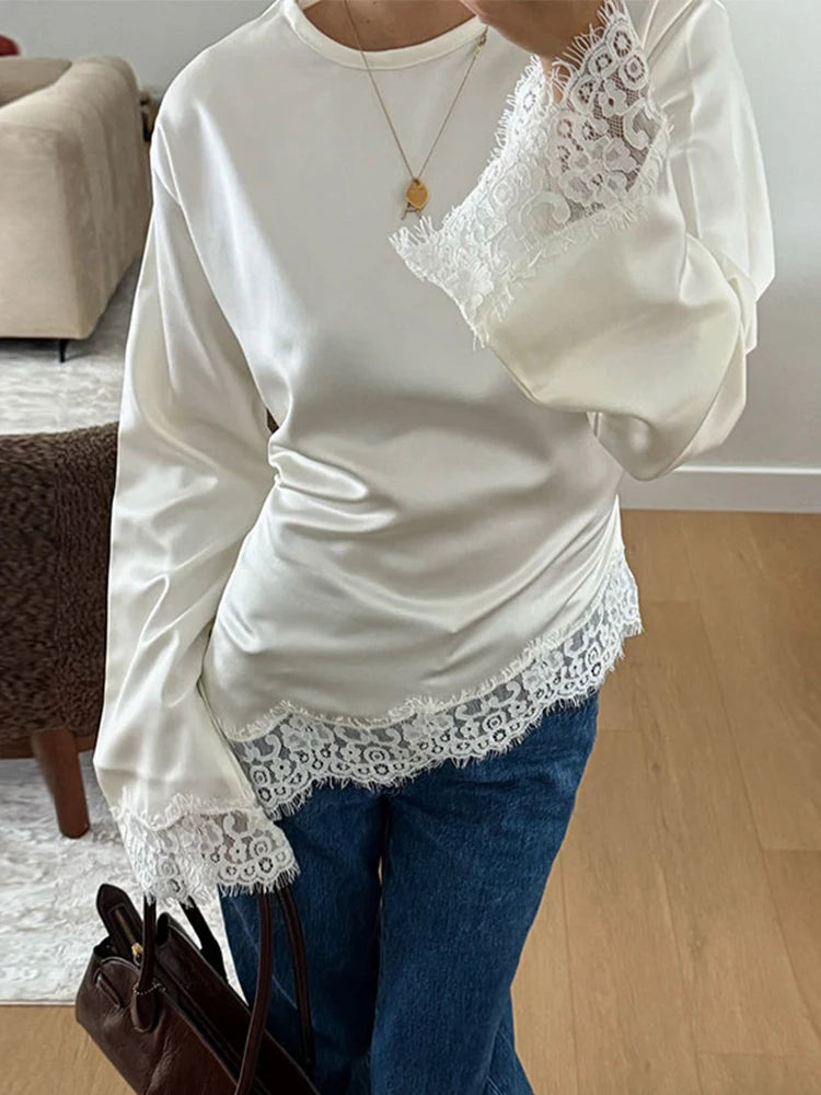 Tie Up Lace Women's Top Sexy O-neck Patchwork Irregular Full Sleeves Blouse Female 2026 Spring Fashion All Match Woman Shirts
