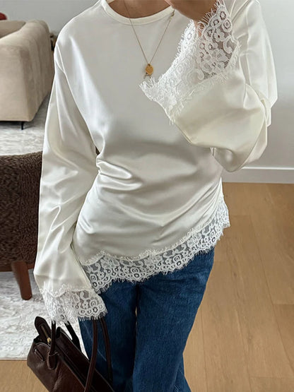 Tie Up Lace Women's Top Sexy O-neck Patchwork Irregular Full Sleeves Blouse Female 2026 Spring Fashion All Match Woman Shirts