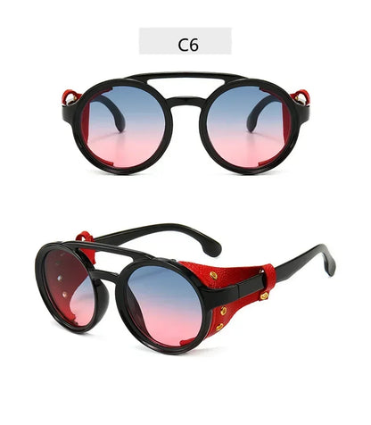 Steampunk Shields Sunglasses Men Women Classic SunGlasses With Side Leather Round Eyewear Pink UV400 Lens
