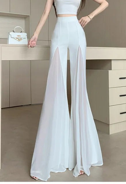 White mesh fishtail flared pants women summer thin design high waist hanging feeling elegant chiffon wide leg casual pants
