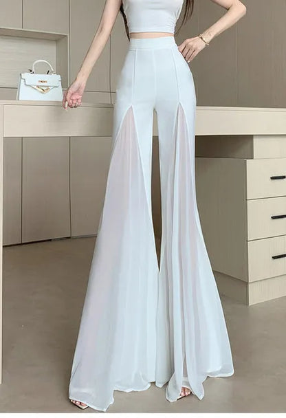White mesh fishtail flared pants women summer thin design high waist hanging feeling elegant chiffon wide leg casual pants