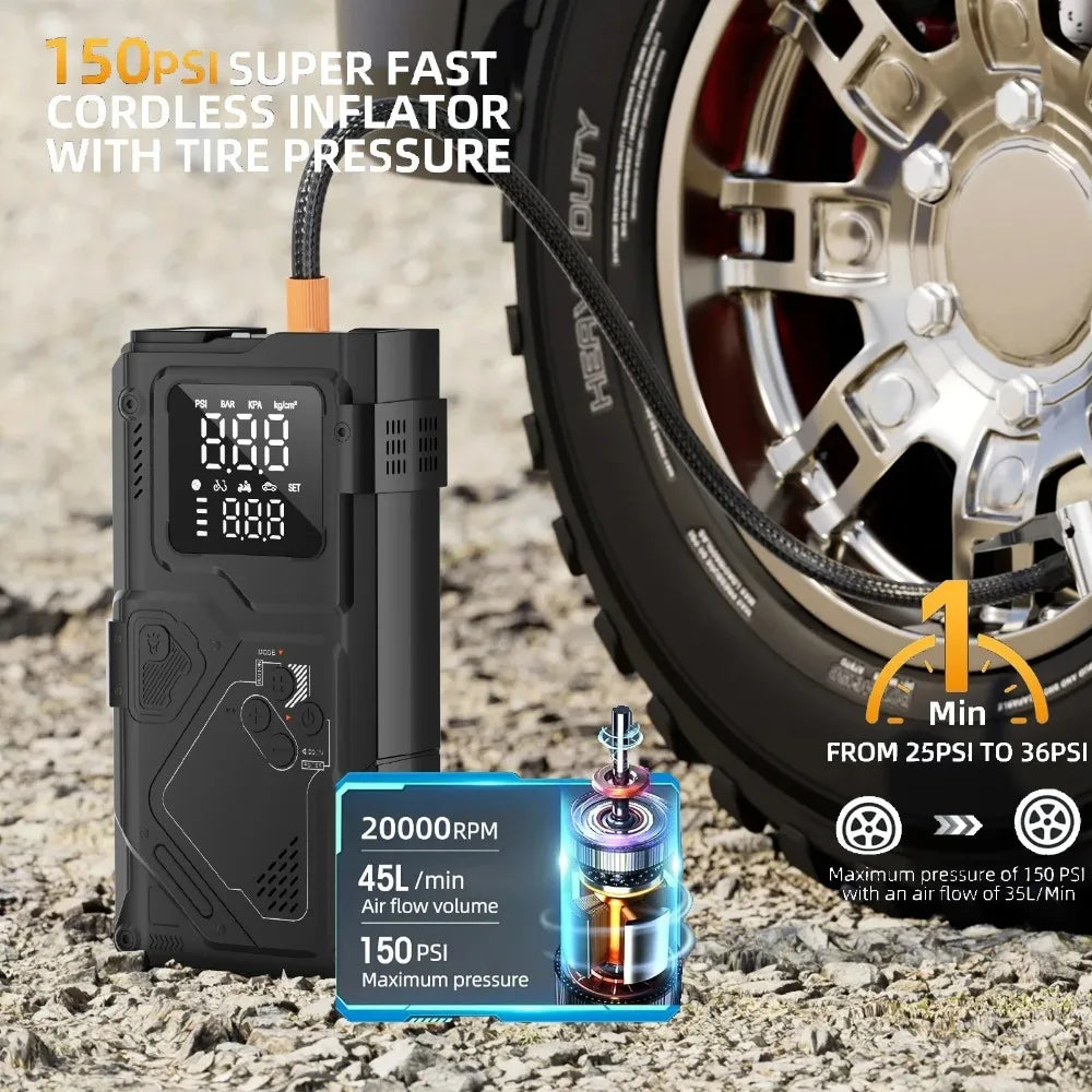 YINGBOOST Car Jump Starter with Air Pump Peak 5000A Booster &150PSI Tire Inflator with DC Power Cord Power Bank 400LM LED Light