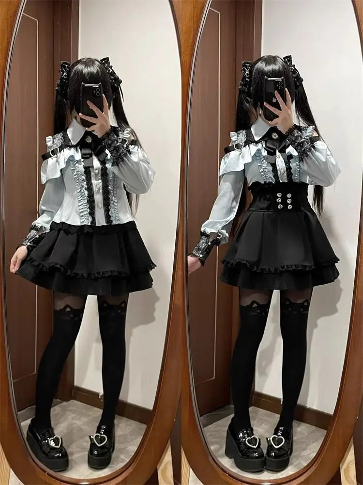 Gothic Women's Clothing Shirt Long Sleeve Lolita Blouse Japanese Bow Tie Sweet Cute Tops Design Streetwear Y2k Retro Blouse New
