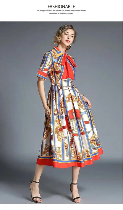 Women's Orange Striped Short Sleeves Vintage Belt Bow Tie Collar Shirt Dress Summer Runway Chain Printing Casual Midi Vestidos
