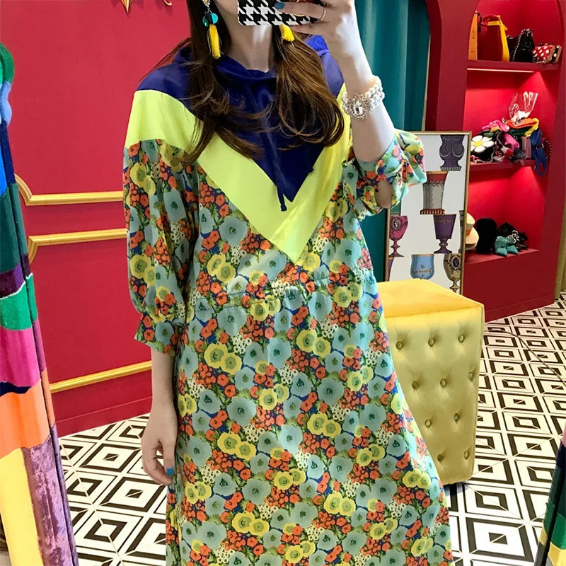 Chic Retro Floral Print Hooded Long Sweater Dr Women's High Waist Color Blo Waisand Casual Comfortable Autumn Dr