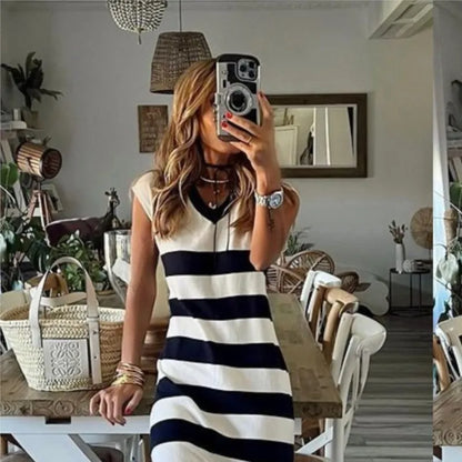 Black White Striped Pullover Dress For Women 2024 Summer New Style Striped V-neck Hem Slit Casual Loose Dress Ladies Vestidos